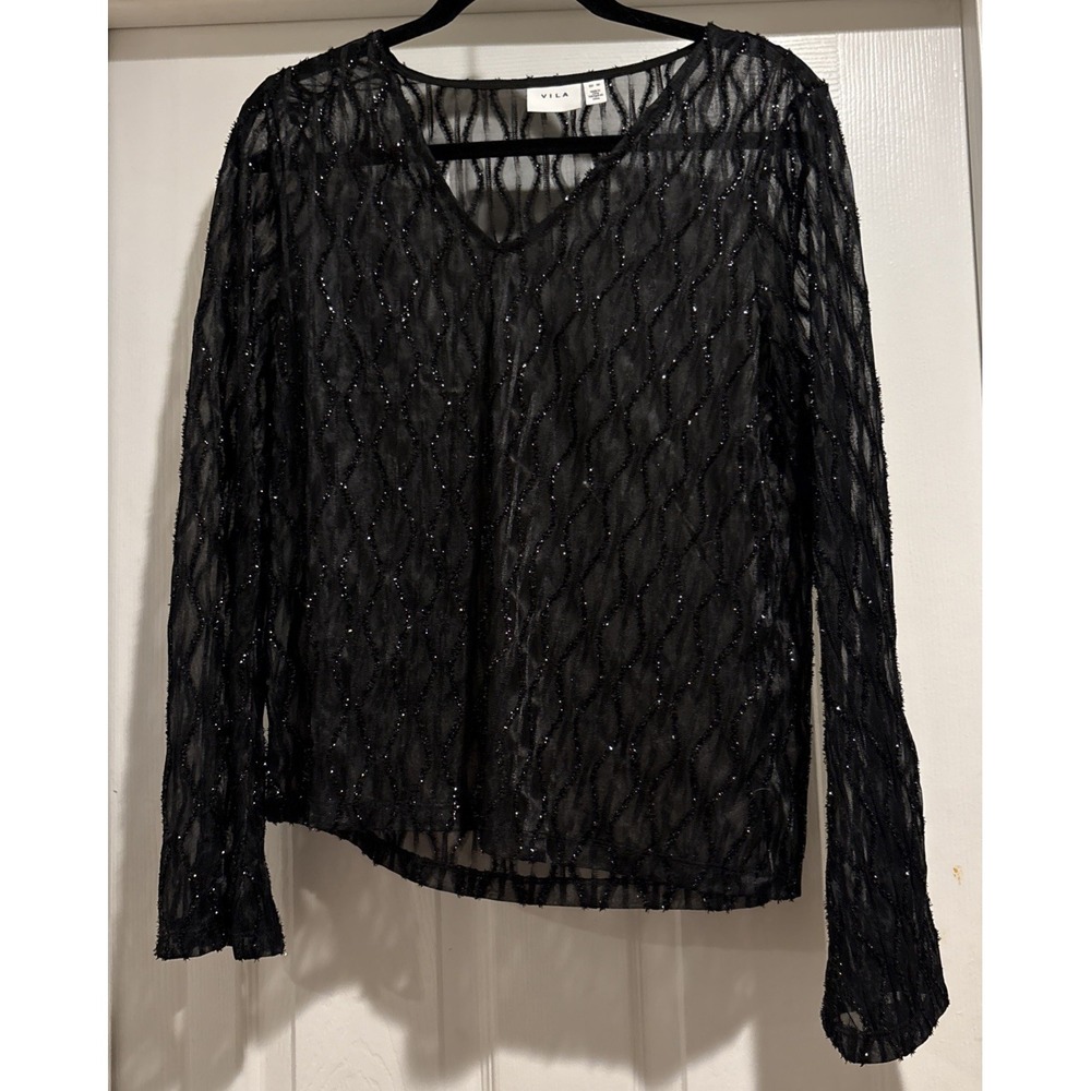 Vila Sheer Black Sparkly Long Sleeve Dressy Shirt